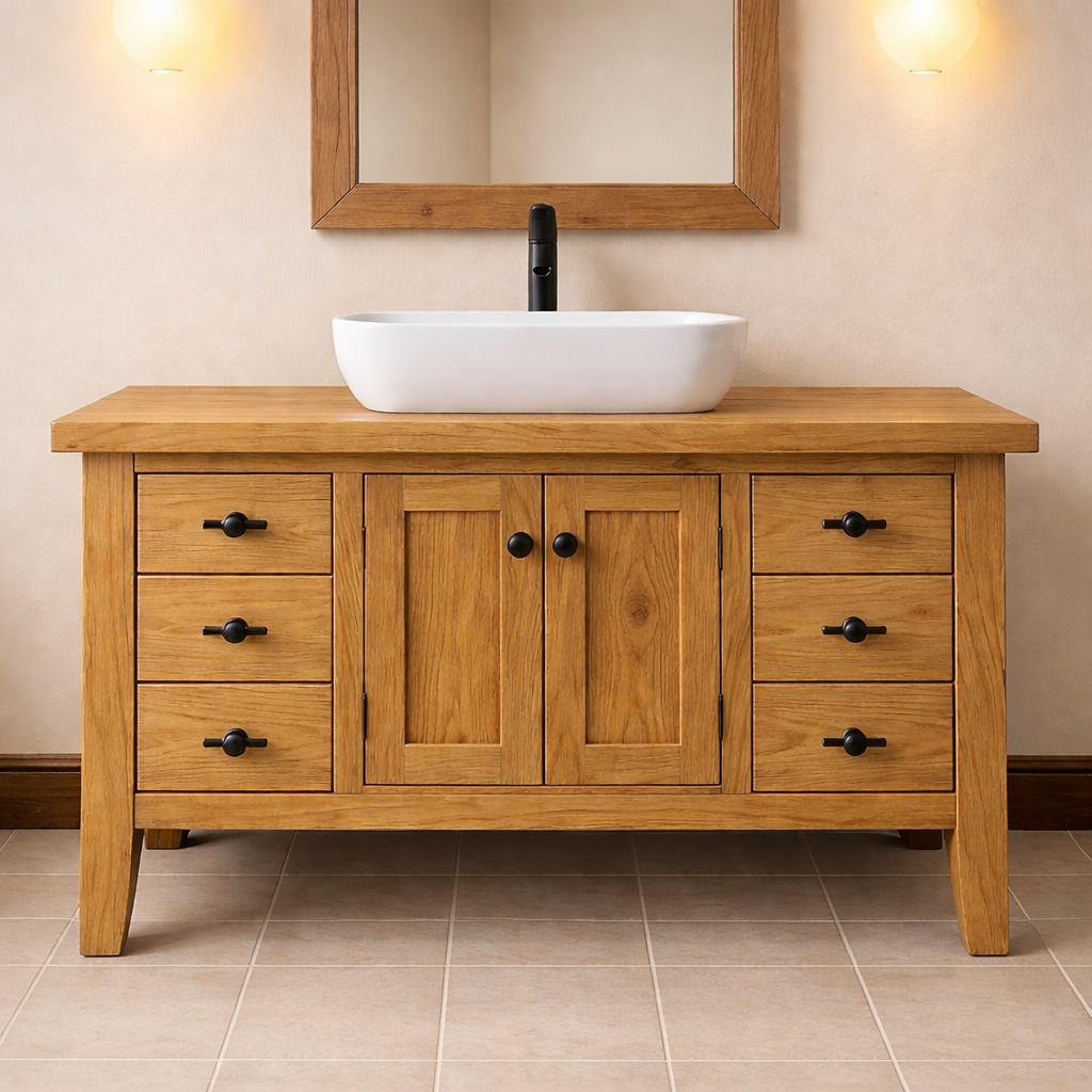 Solid Wood Bathroom Vanity Walnut Farmhouse Single Sink with Cabinet and Drawers