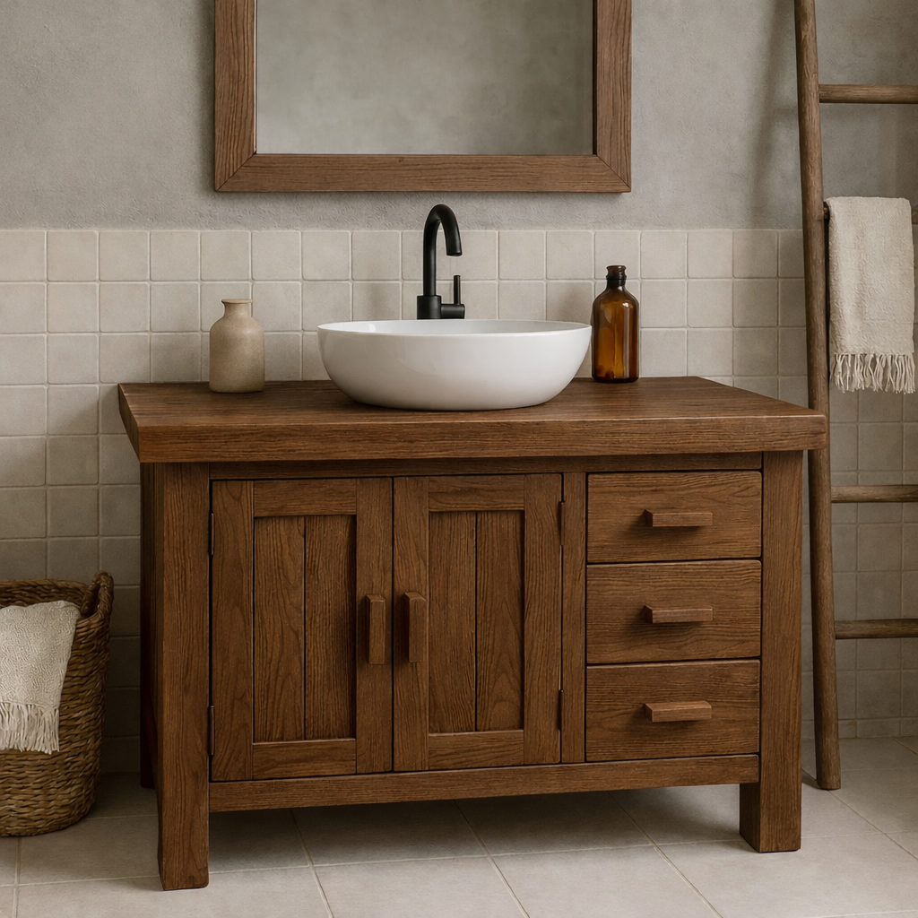Solid Wood Bathroom Vanity Oak Farmhouse Single Sink with Cabinet and Drawers