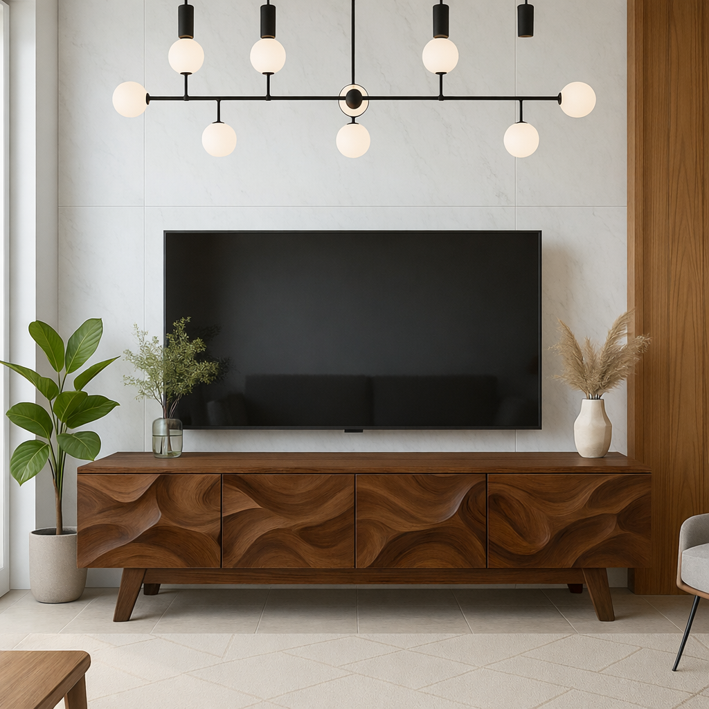 Solid Wood TV Stand Mid Century Modern Walnut Media Console with Storage Cabinet
