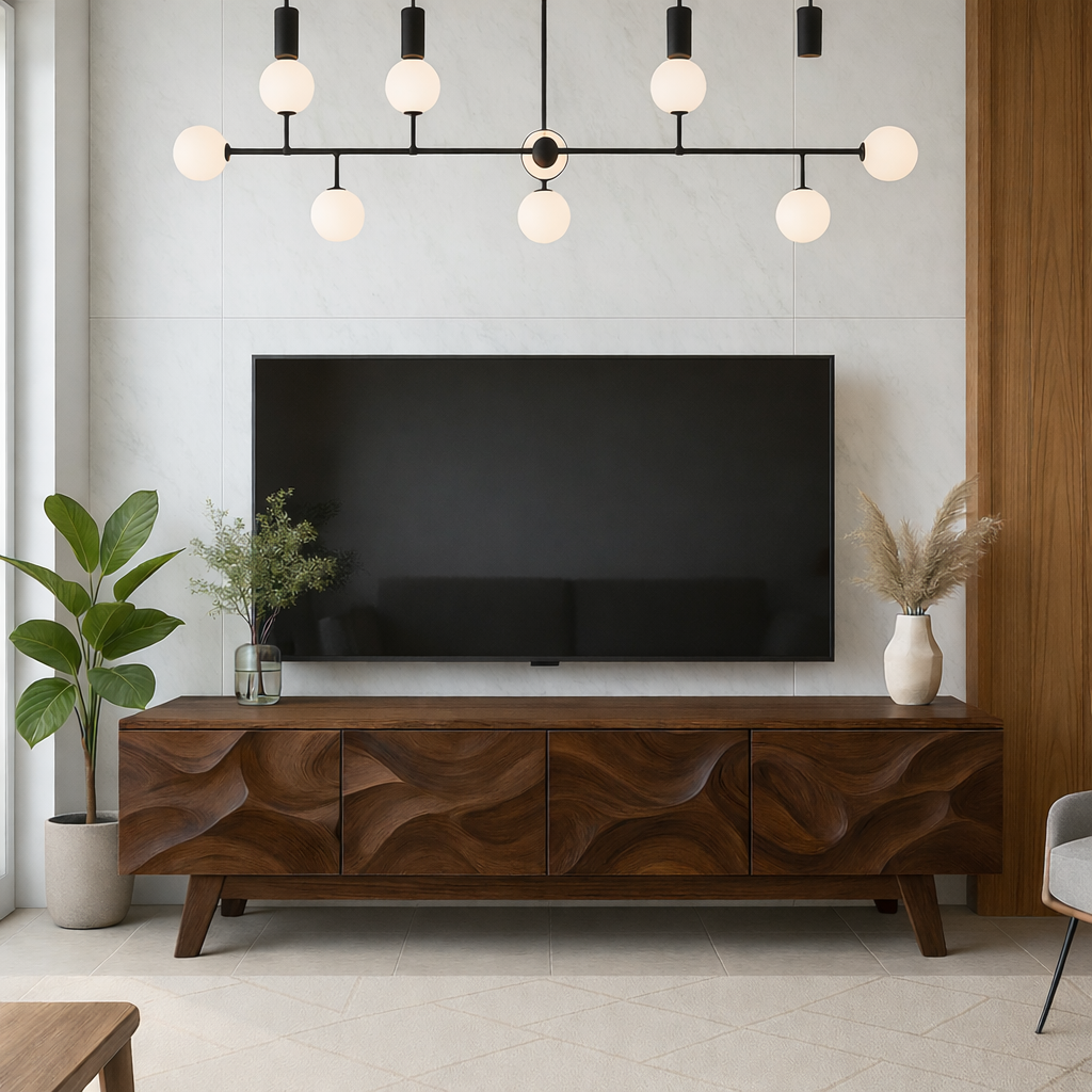 Solid Wood TV Stand Mid Century Modern Walnut Media Console with Storage Cabinet
