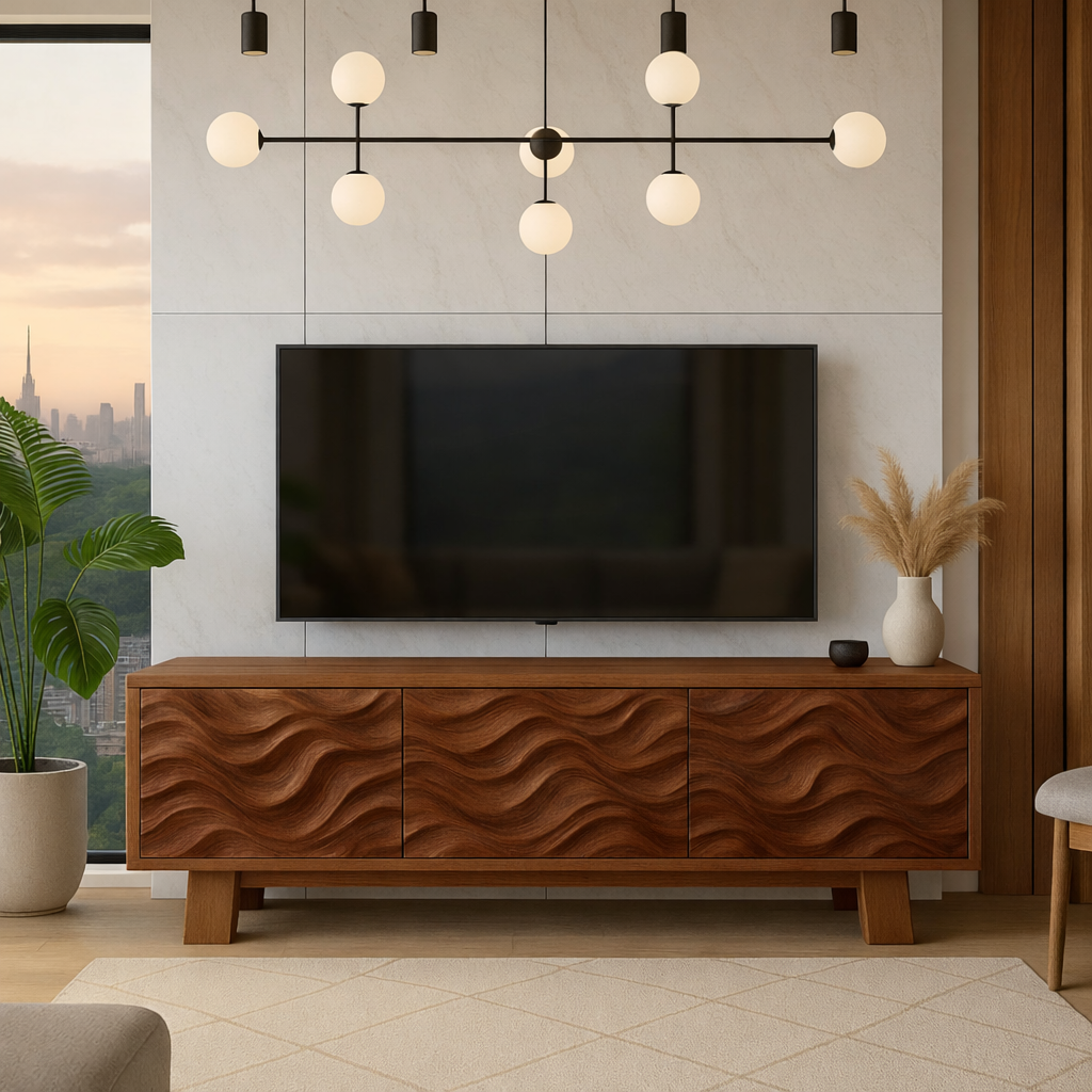 Solid Wood TV Stand Modern Walnut Media Console with Wave Front Storage Cabinet