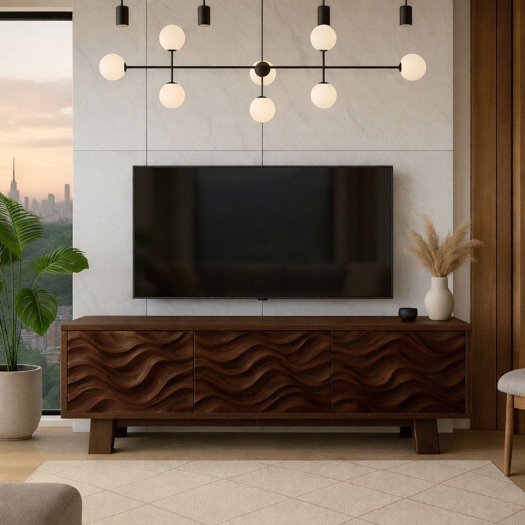 Solid Wood TV Stand Modern Walnut Media Console with Wave Front Storage Cabinet