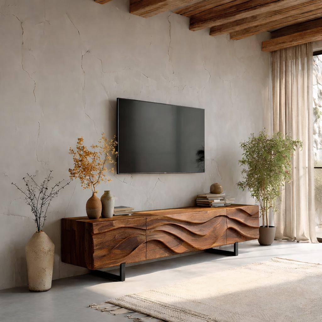 Solid Wood TV Stand Modern Floating Media Console with Sculpted Wave Front
