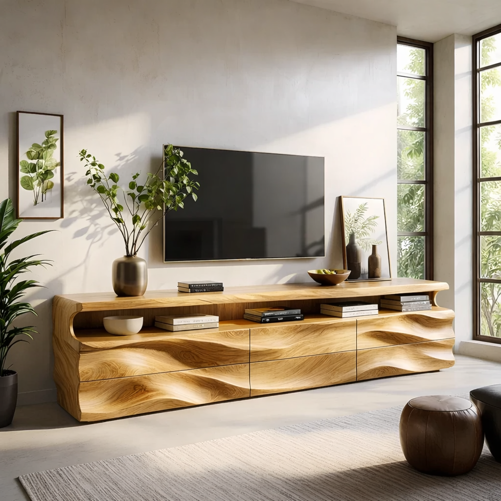 Solid Wood TV Stand Modern Walnut Media Console with Wave Front Design