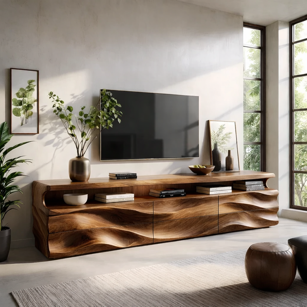 Solid Wood TV Stand Modern Walnut Media Console with Wave Front Design