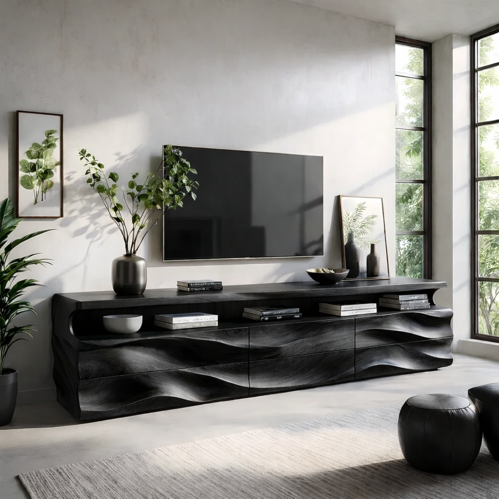 Solid Wood TV Stand Modern Walnut Media Console with Wave Front Design