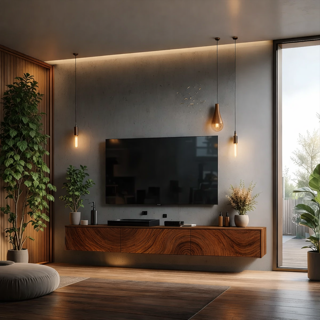 Solid Wood Floating TV Stand Walnut Wall Mounted Media Console with Storage