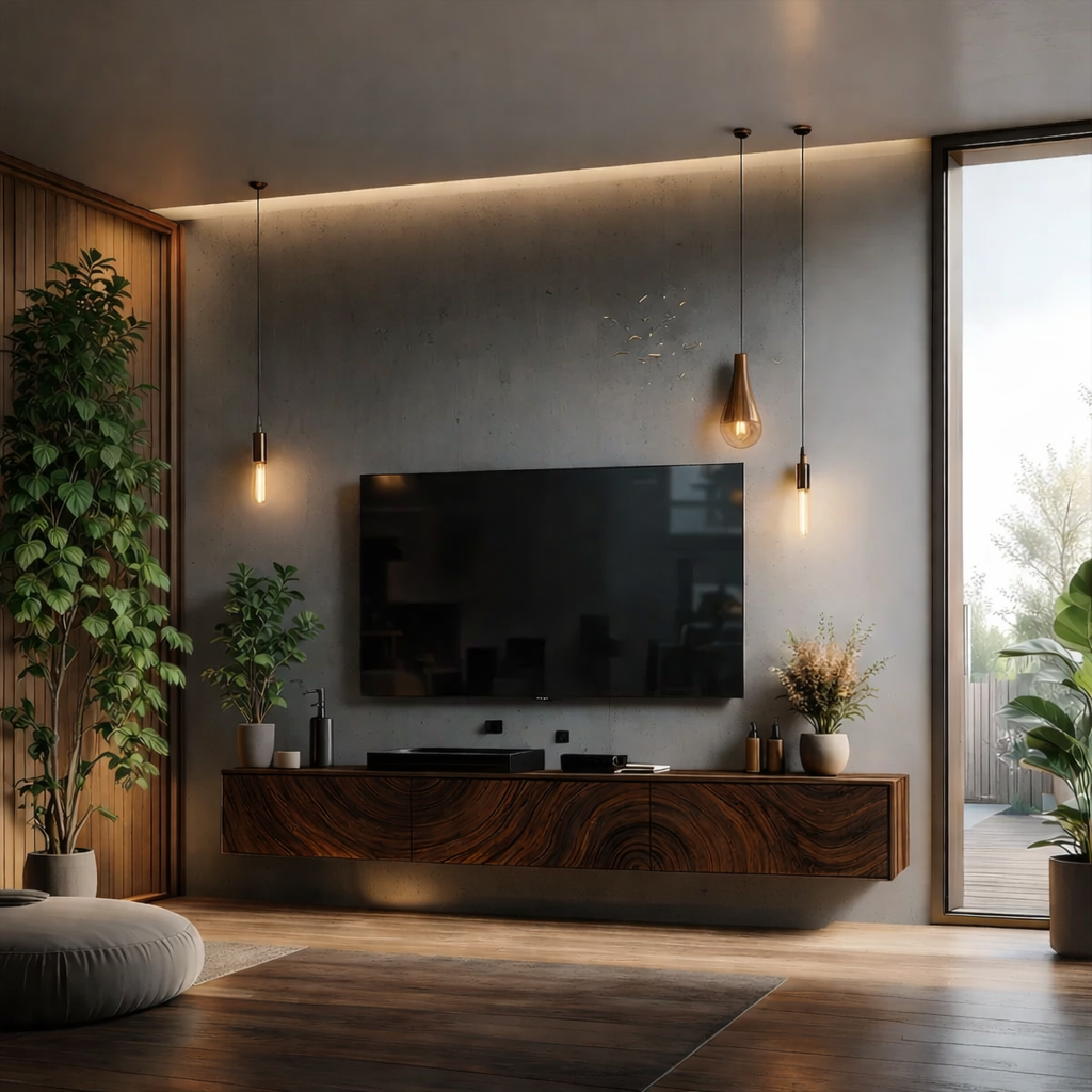 Solid Wood Floating TV Stand Walnut Wall Mounted Media Console with Storage