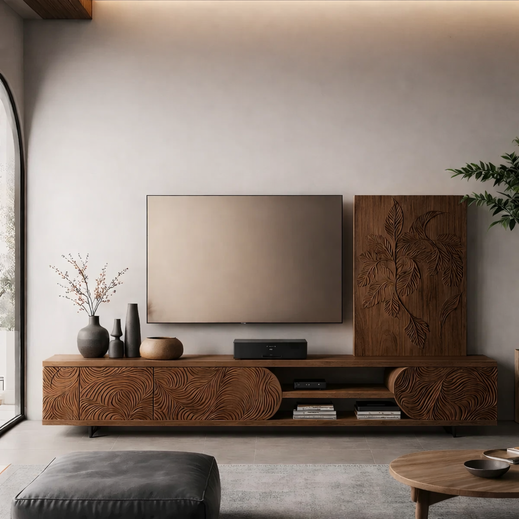 Solid Wood TV Stand Modern Media Console with Carved Front Storage Cabinet