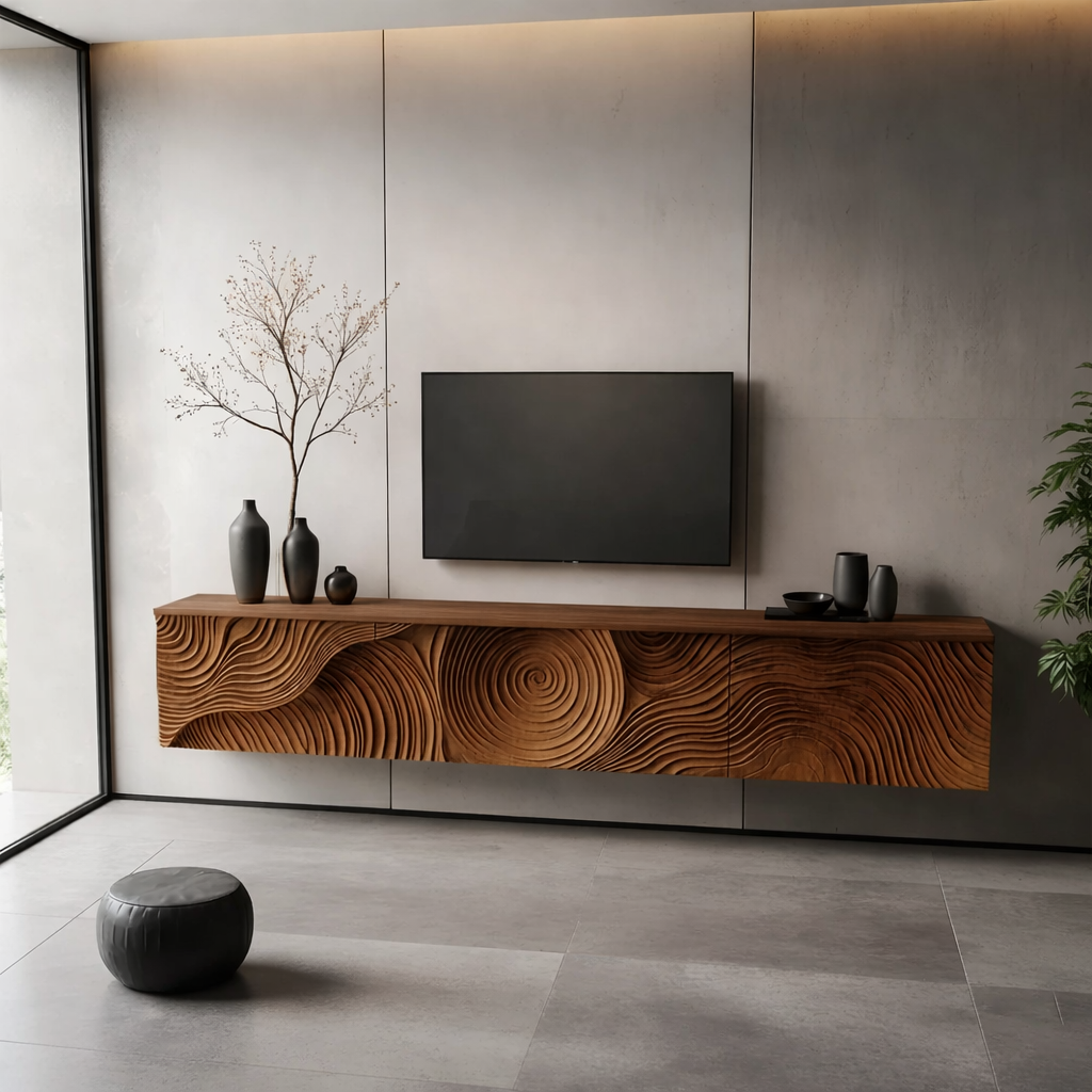Solid Wood Floating TV Stand Modern Wall Mounted Media Console with Carved Front