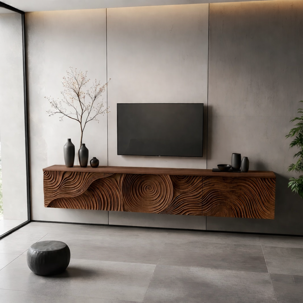 Solid Wood Floating TV Stand Modern Wall Mounted Media Console with Carved Front