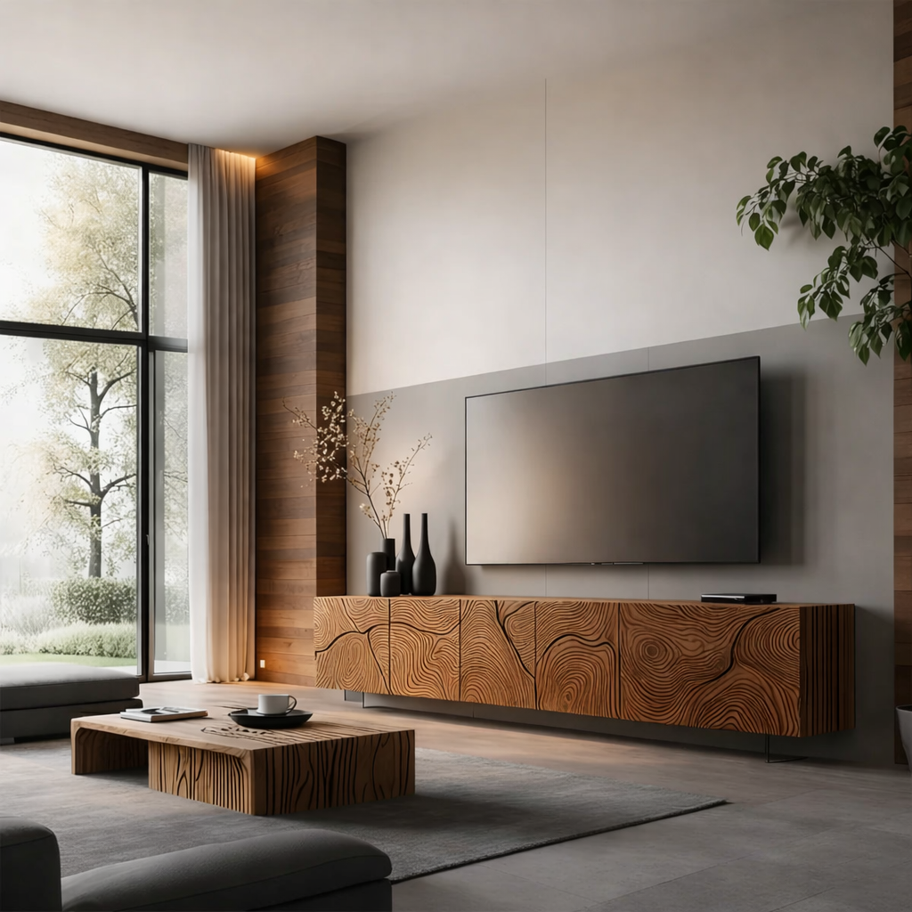 Solid Wood Floating TV Stand Modern Wall Mounted Media Console with Carved Design