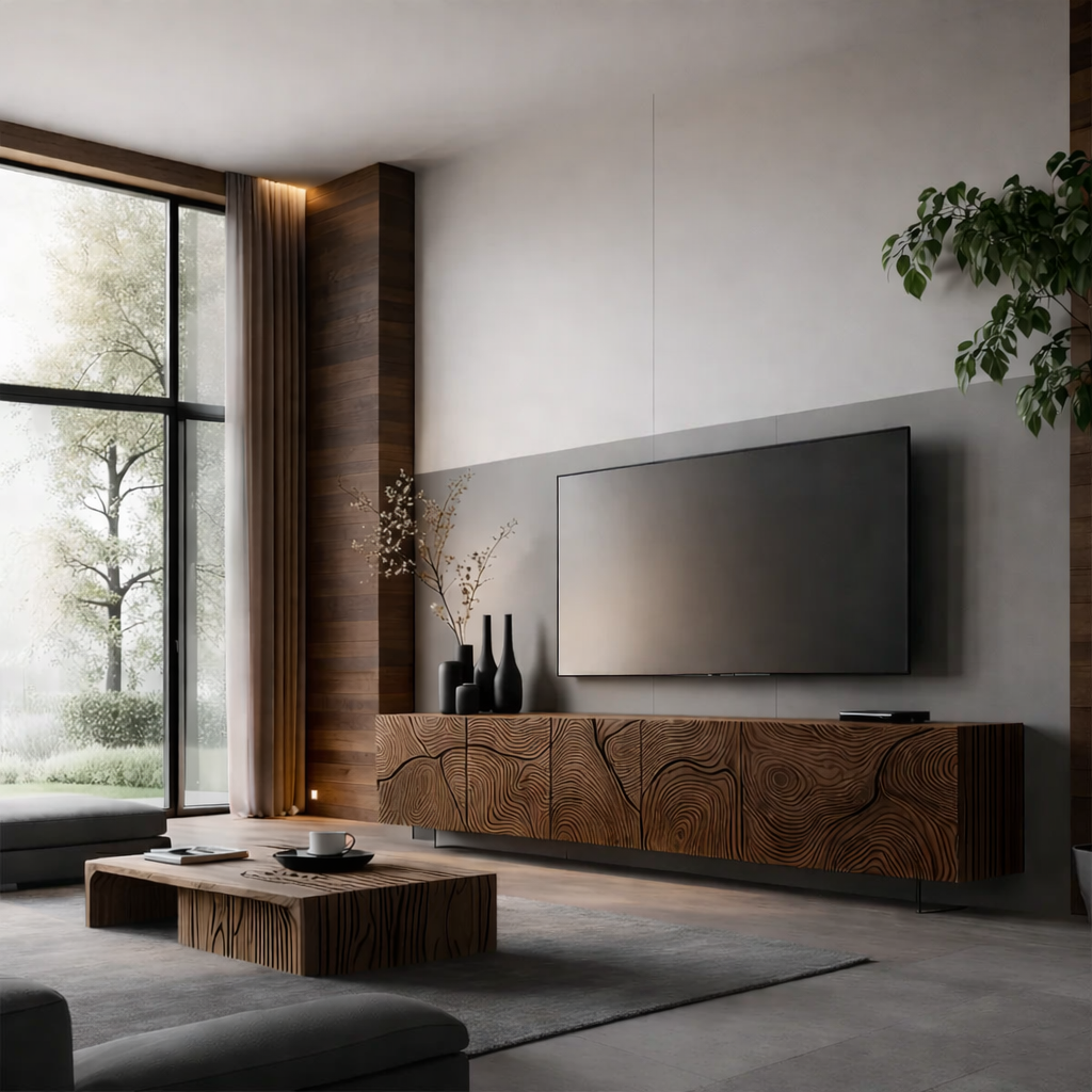 Solid Wood Floating TV Stand Modern Wall Mounted Media Console with Carved Design
