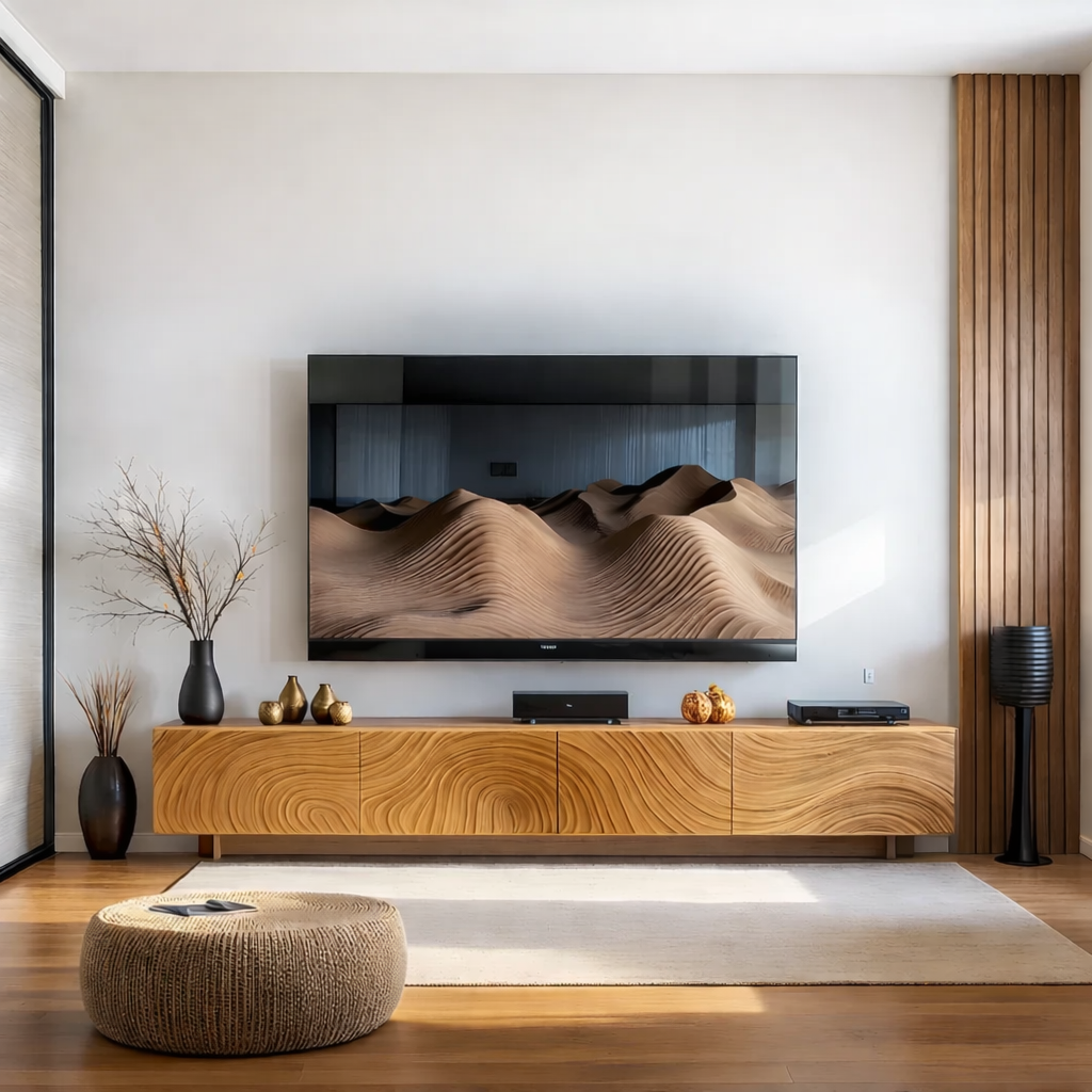 Solid Wood TV Stand Modern Walnut Media Console with Sculpted Wave Storage Cabinet