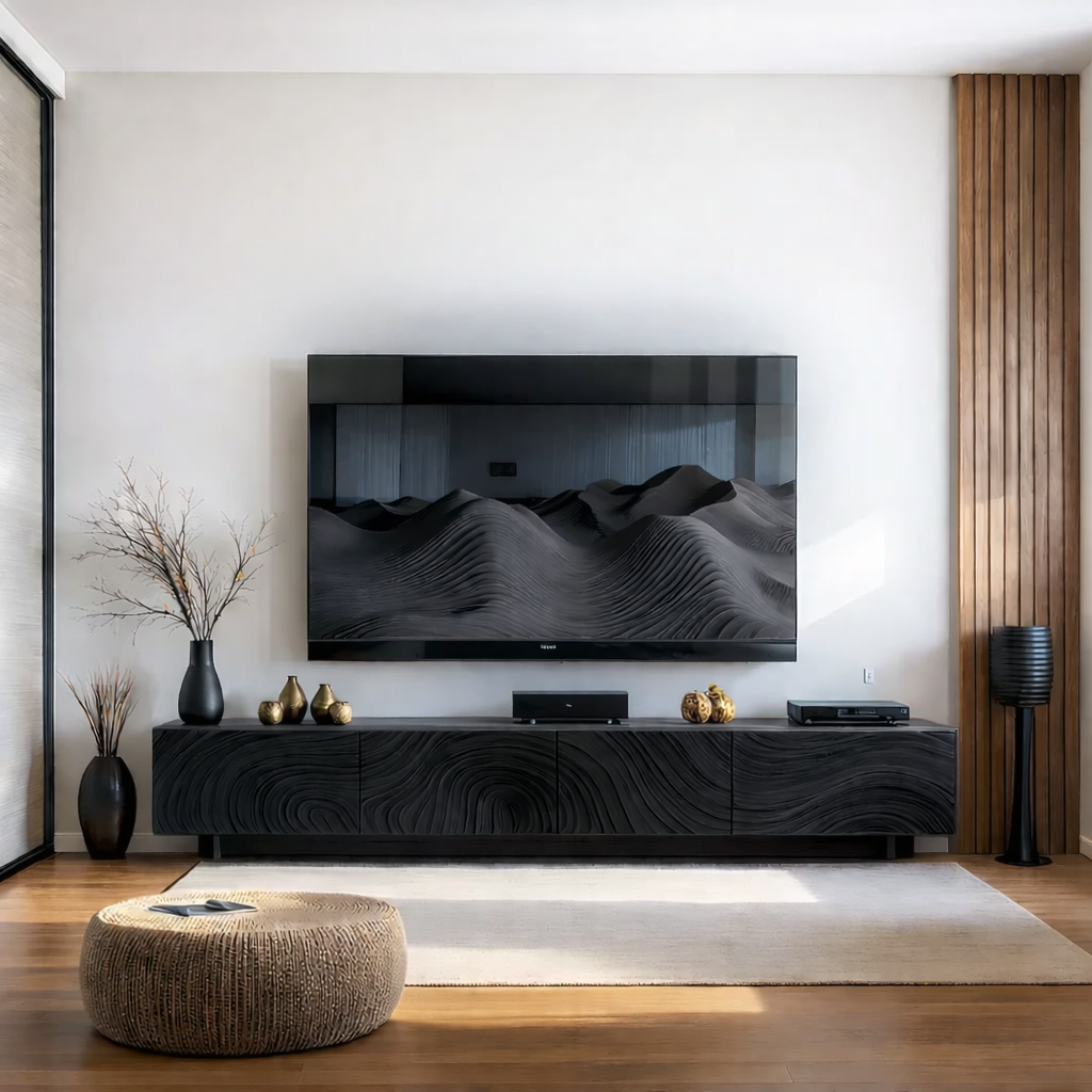 Solid Wood TV Stand Modern Walnut Media Console with Sculpted Wave Storage Cabinet