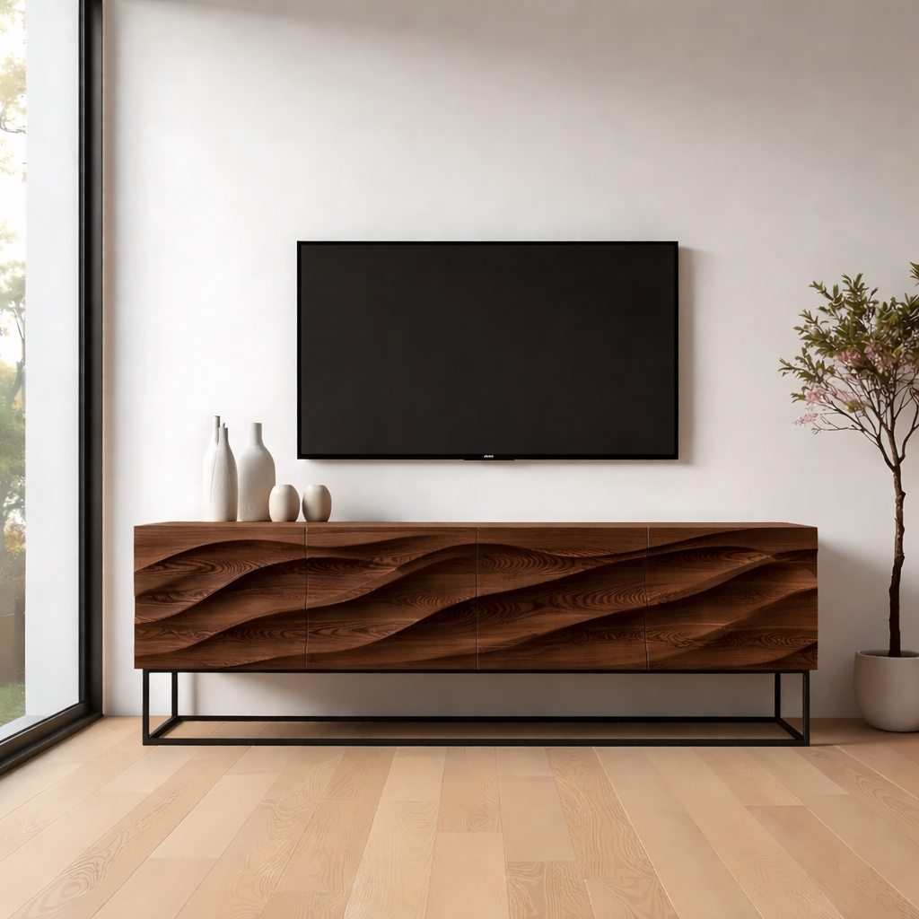 Solid Wood TV Stand Modern Oak Media Console with Wave Carved Storage Cabinet