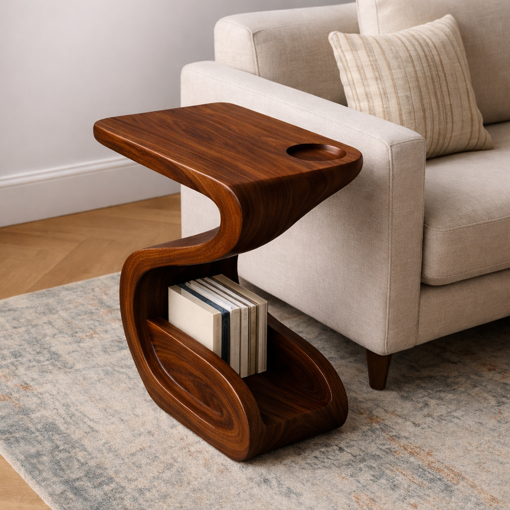 Solid Wood Sofa Armrest Table with Cup Holder and Magazine Storage Side Table