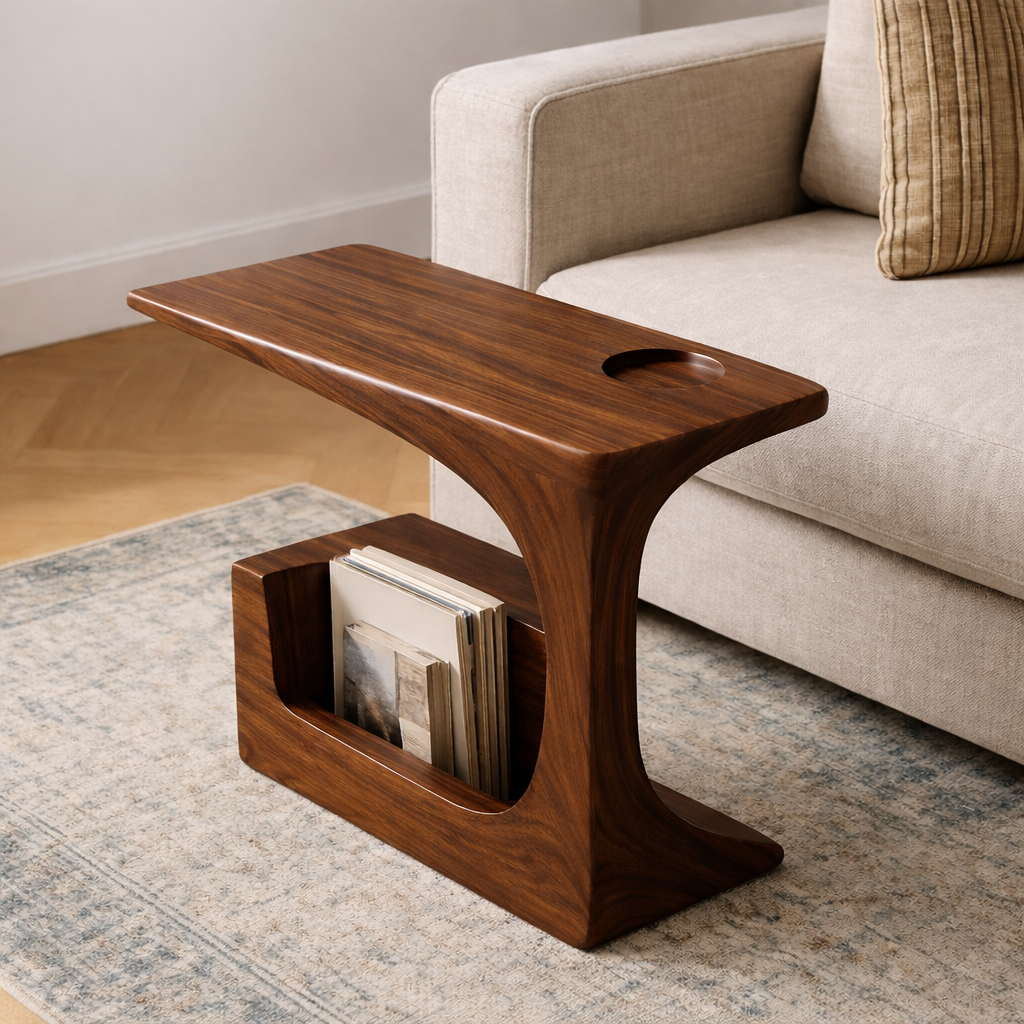 Solid Wood Sofa Armrest Table with Cup Holder and Magazine Rack Side Table