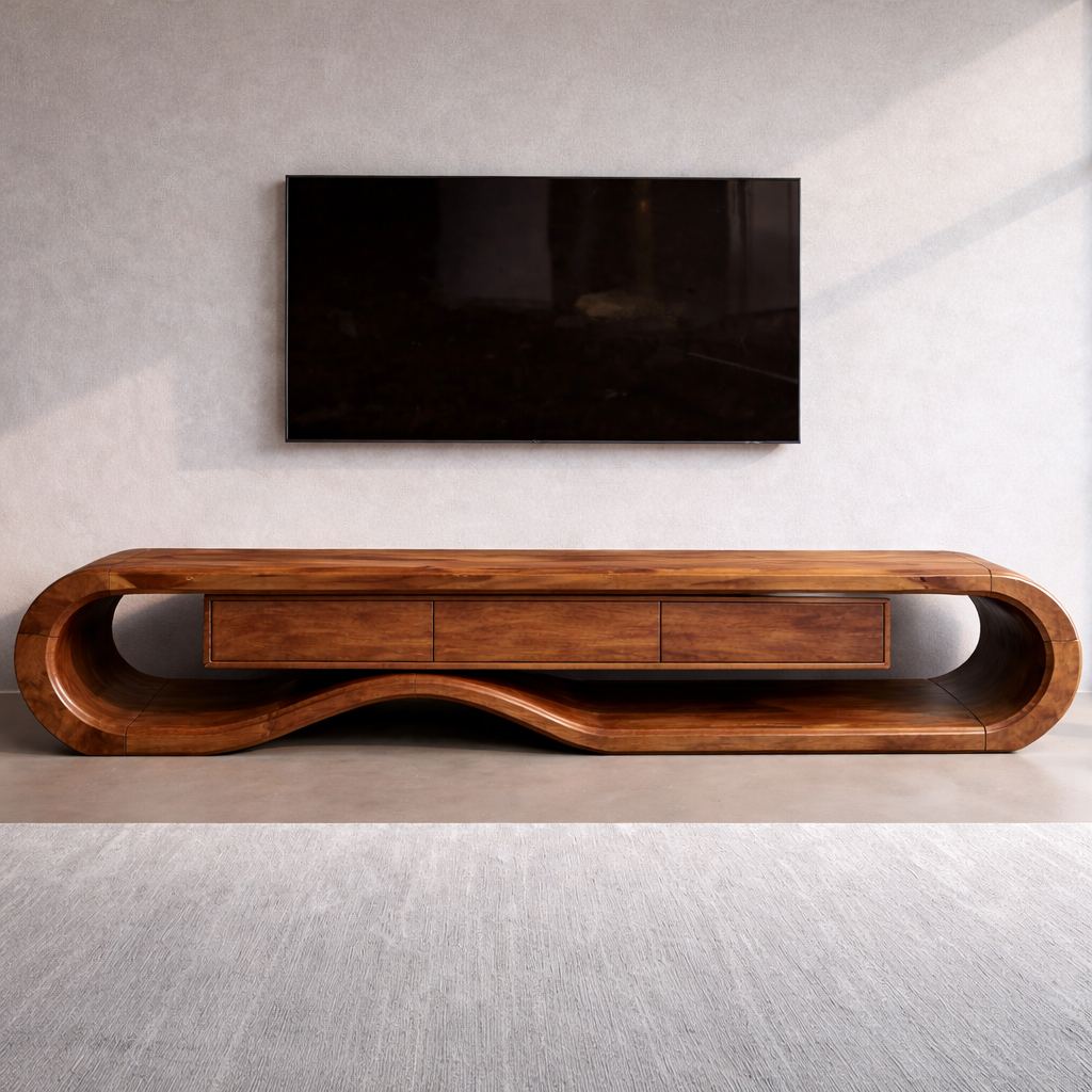 Solid Wood TV Stand with Curved Design and Ample Storage