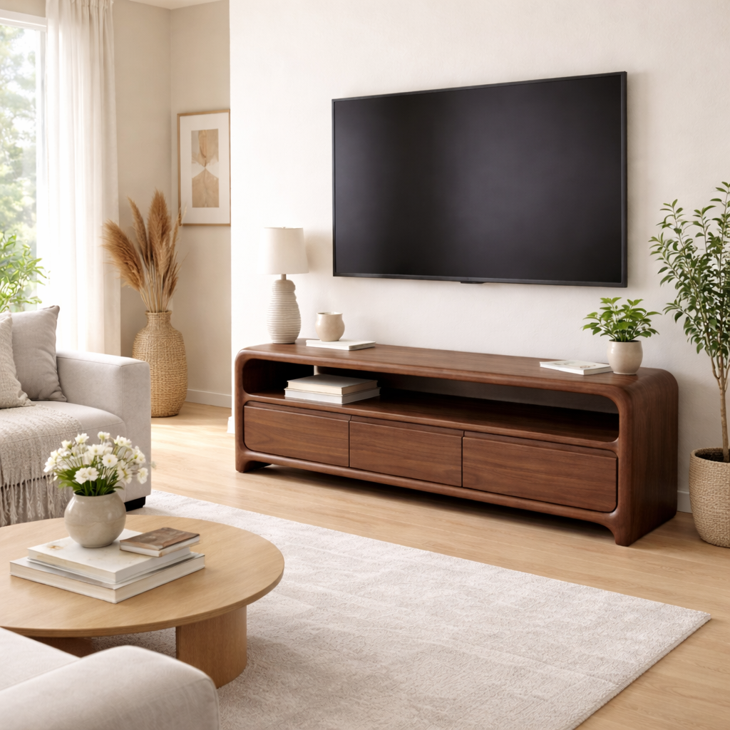 Solid Wood TV Stand with Sleek Design and Storage Drawers