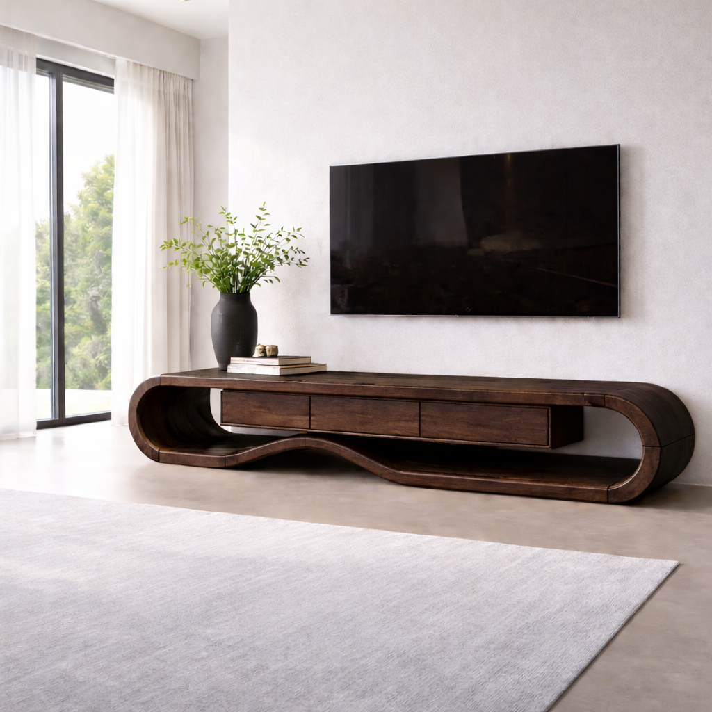 Solid Wood TV Stand with Curved Design and Ample Storage