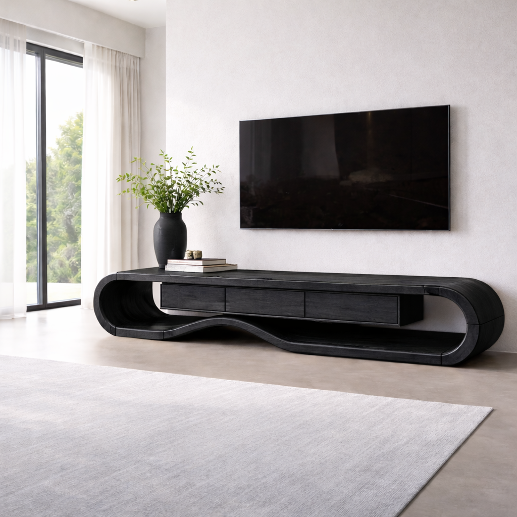 Solid Wood TV Stand with Curved Design and Ample Storage