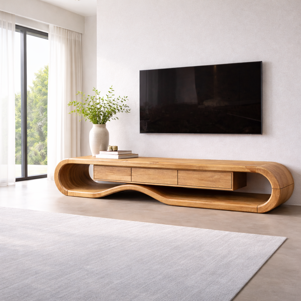 Solid Wood TV Stand with Curved Design and Ample Storage