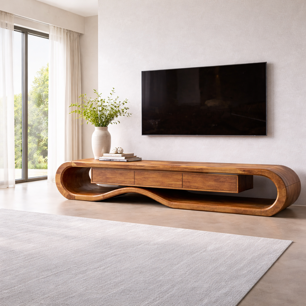 Solid Wood TV Stand with Curved Design and Ample Storage
