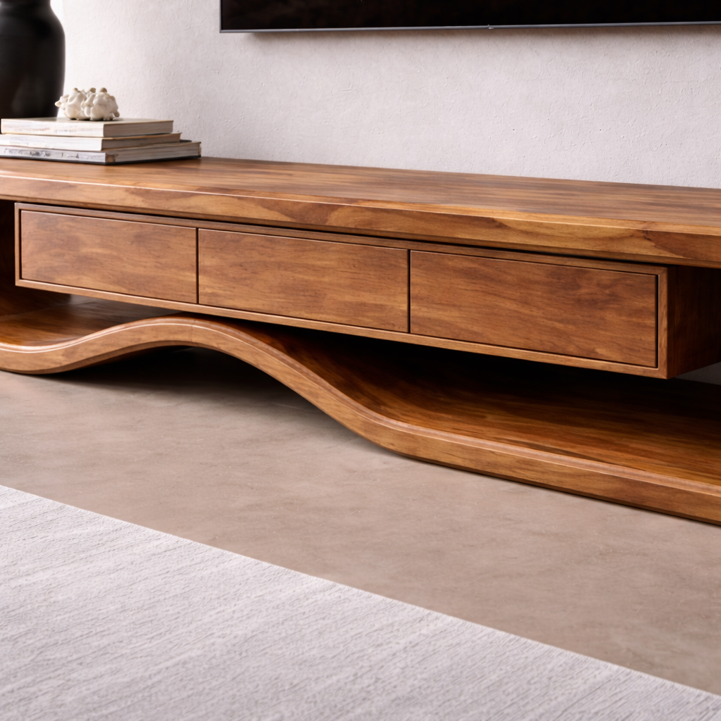 Solid Wood TV Stand with Curved Design and Ample Storage