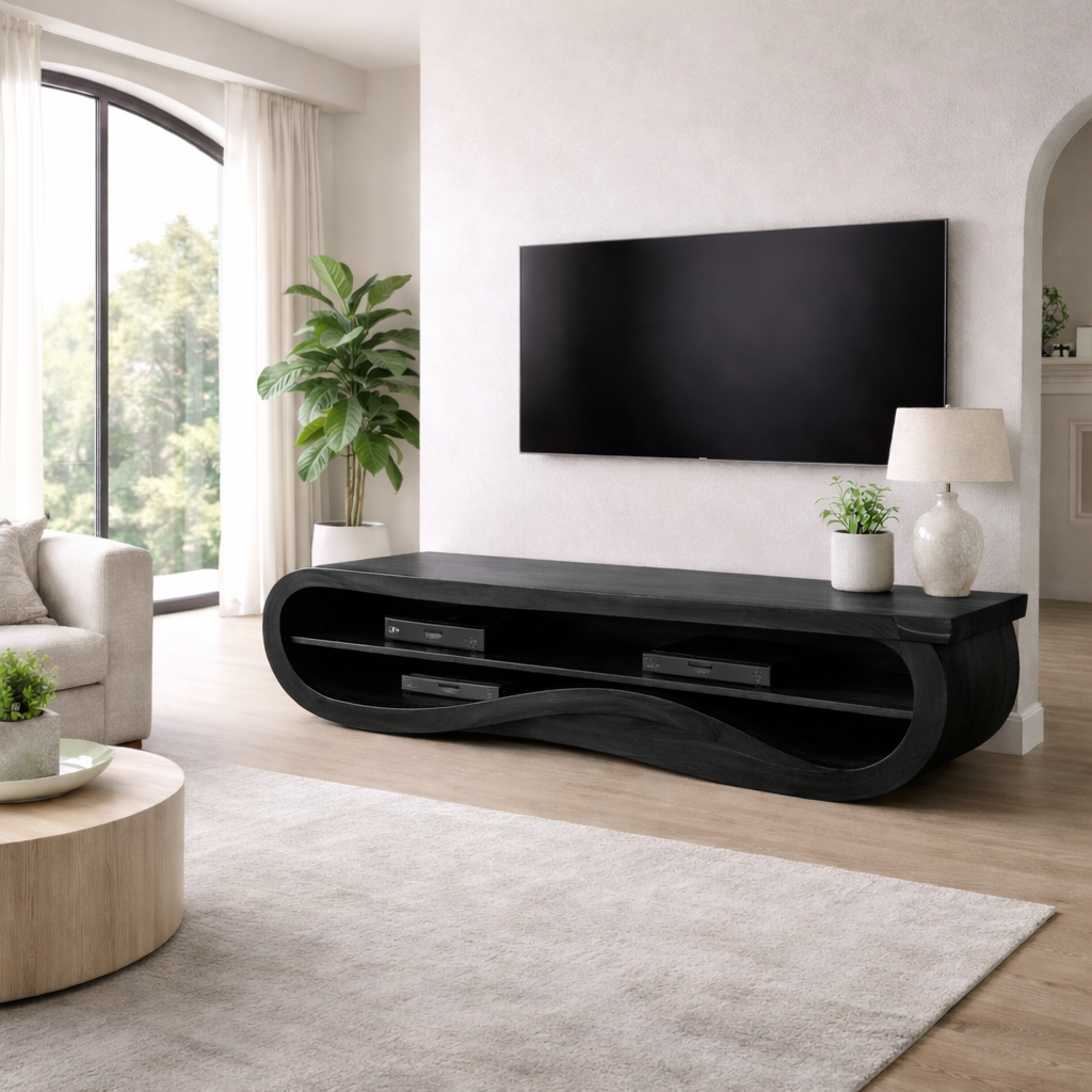 Solid Wood TV Stand with Curved Design – Modern & Functional
