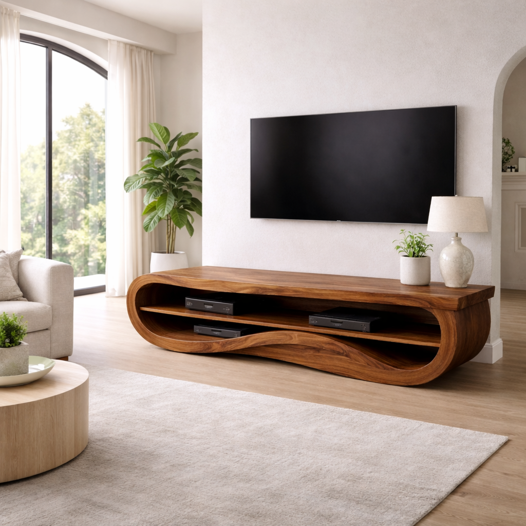 Solid Wood TV Stand with Curved Design – Modern & Functional