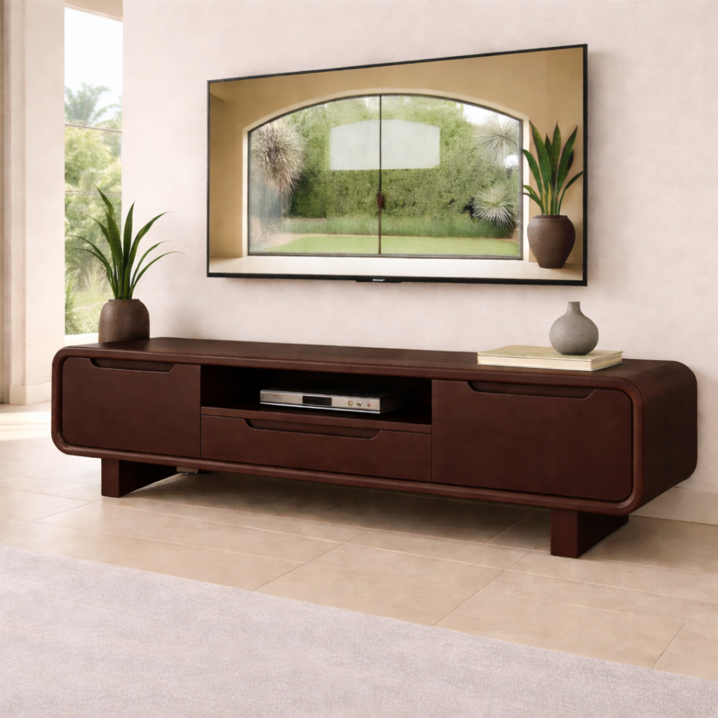 Modern Solid Wood TV Stand with Curved Design – Stylish TV Unit for Living Room