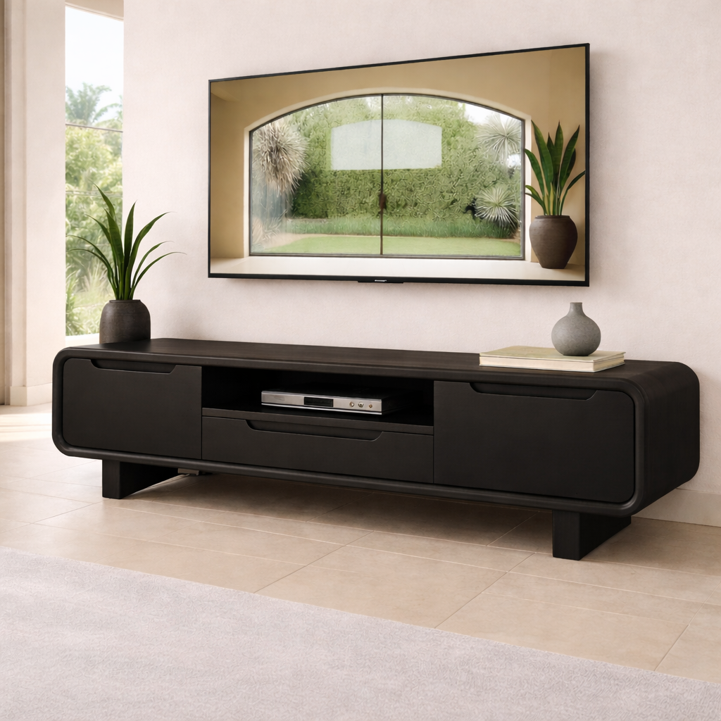 Modern Solid Wood TV Stand with Curved Design – Stylish TV Unit for Living Room