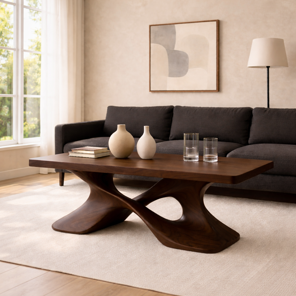 Elegant Solid Wood Coffee Table with Curved Base – Modern Living Room Decor
