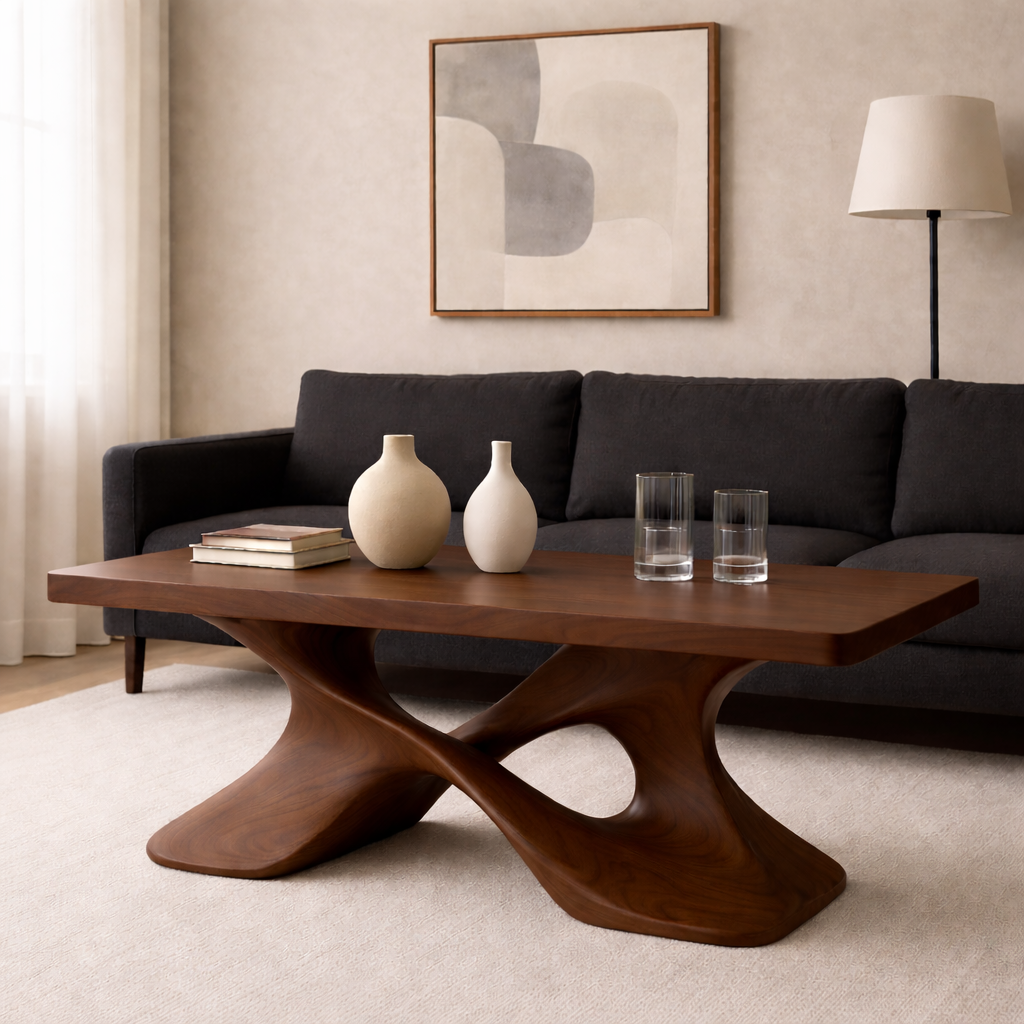 Elegant Solid Wood Coffee Table with Curved Base – Modern Living Room Decor