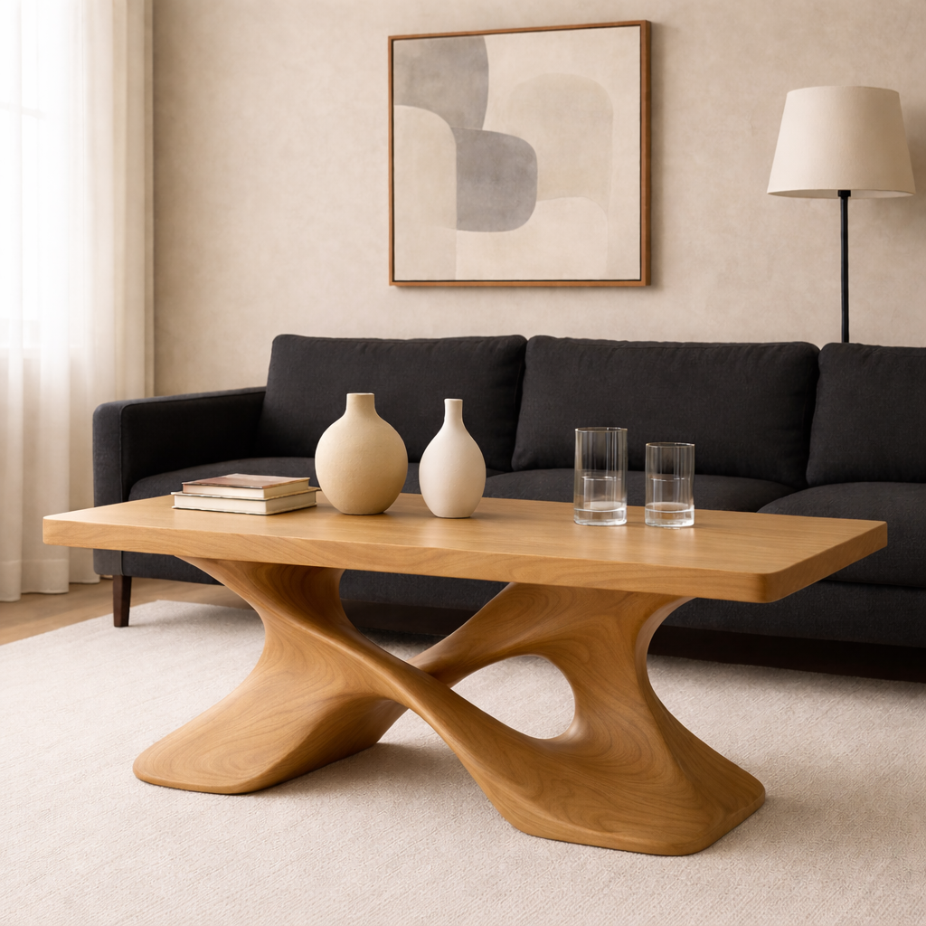 Elegant Solid Wood Coffee Table with Curved Base – Modern Living Room Decor