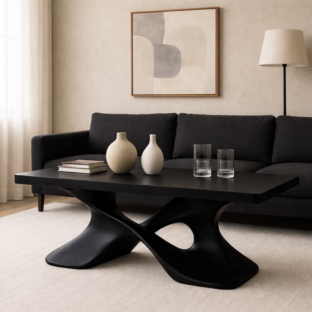 Elegant Solid Wood Coffee Table with Curved Base – Modern Living Room Decor