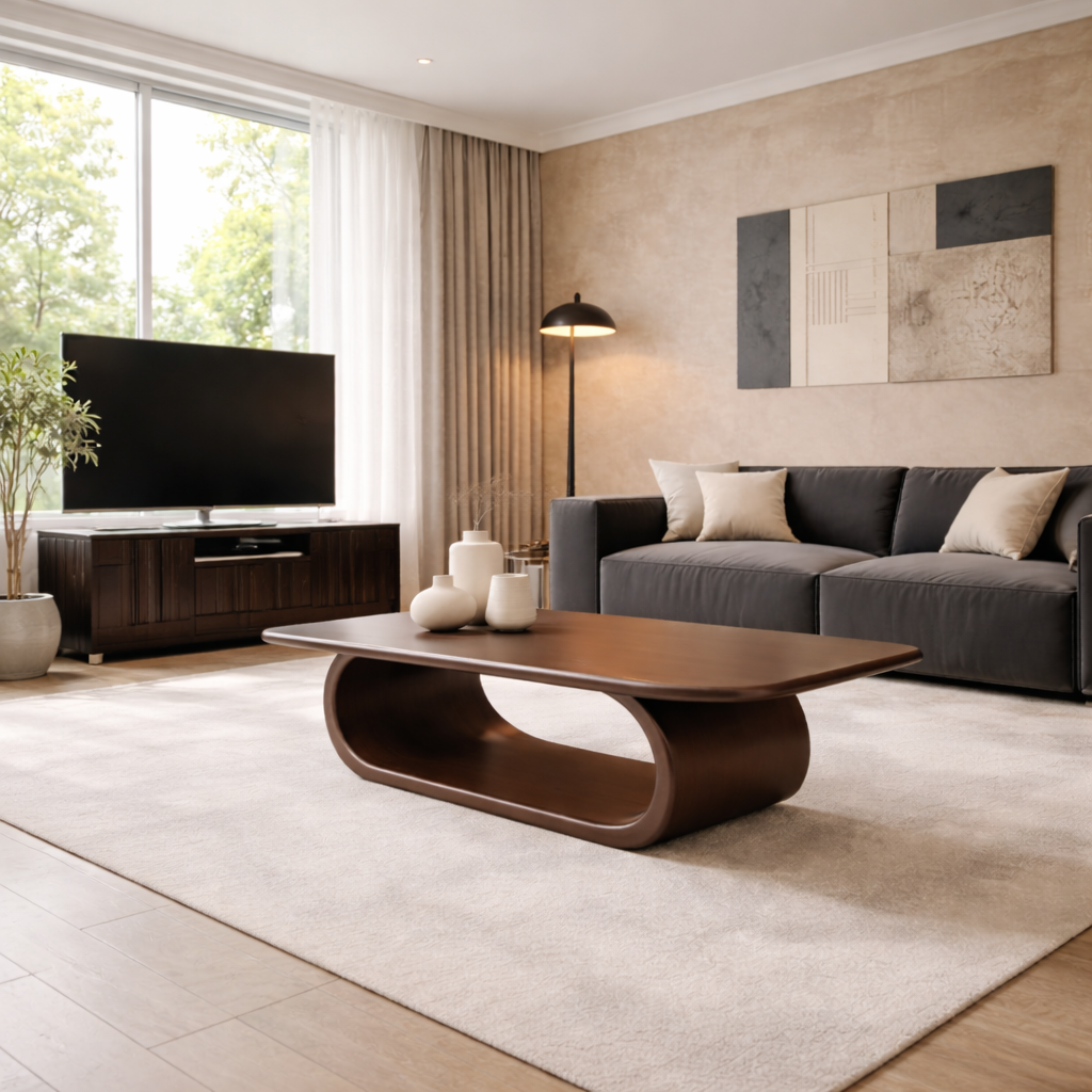 Minimalist Solid Wood Coffee Table with Sleek Curved Base – Modern Living Room Style