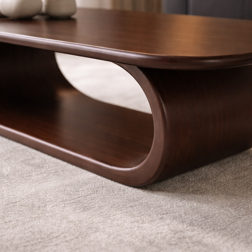 Minimalist Solid Wood Coffee Table with Sleek Curved Base – Modern Living Room Style