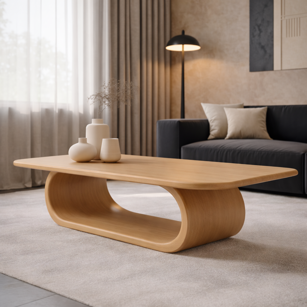Minimalist Solid Wood Coffee Table with Sleek Curved Base – Modern Living Room Style