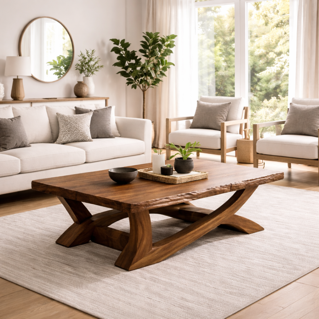 Rustic Solid Wood Coffee Table with Live Edge Design – Natural Charm for Living Rooms