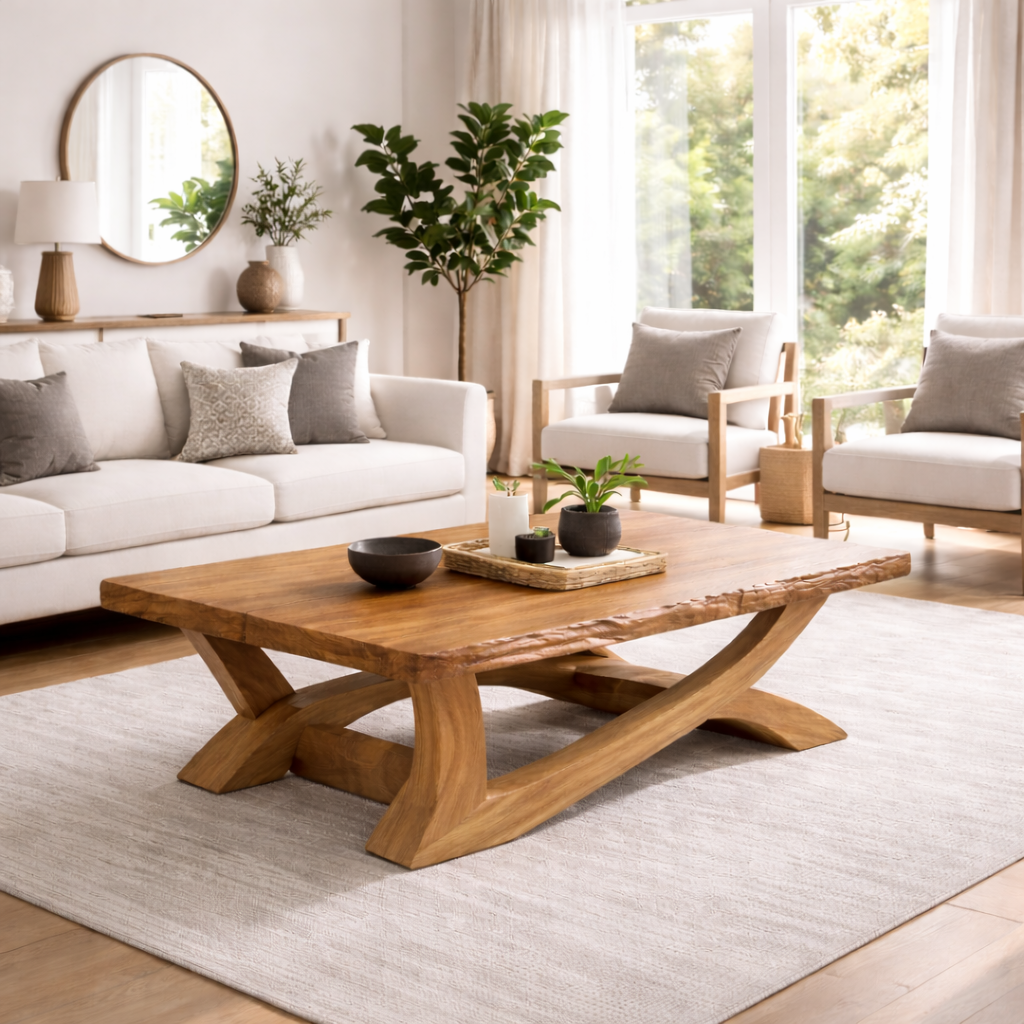 Rustic Solid Wood Coffee Table with Live Edge Design – Natural Charm for Living Rooms