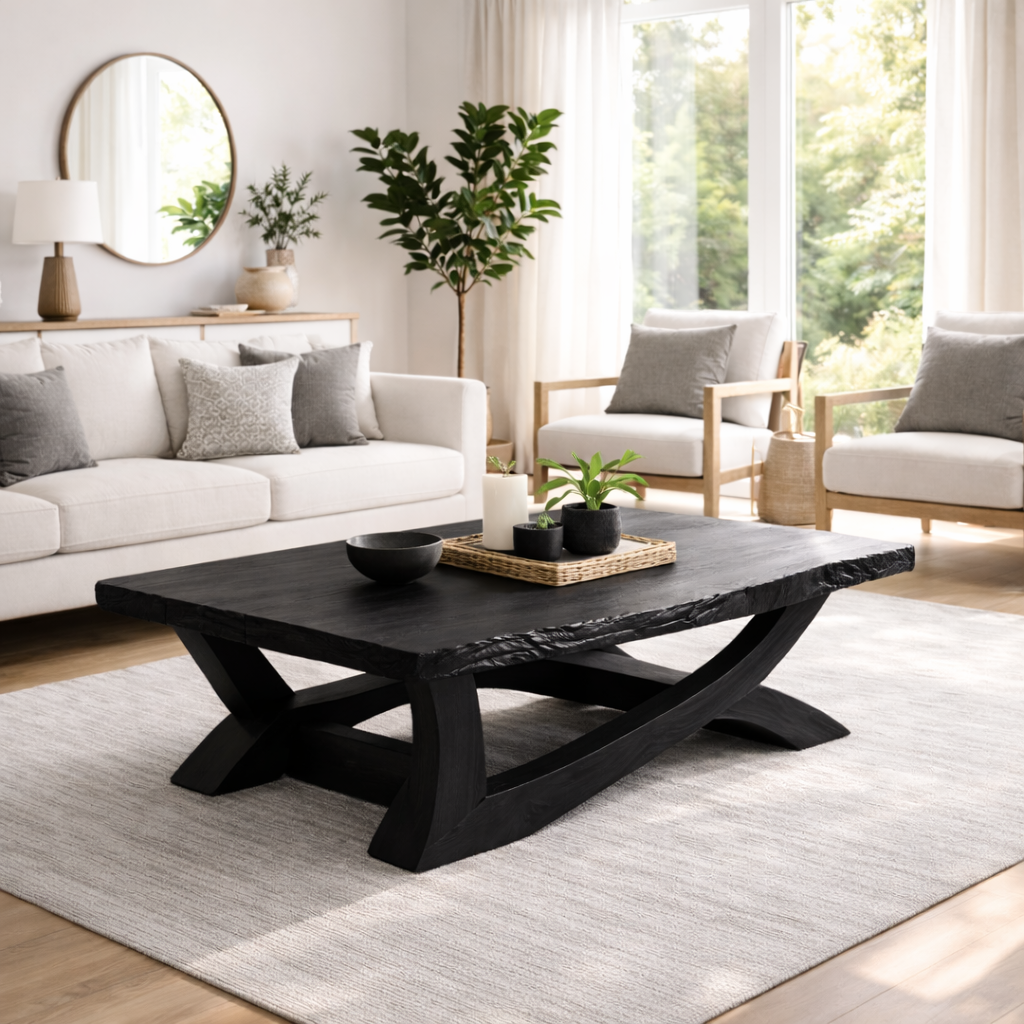 Rustic Solid Wood Coffee Table with Live Edge Design – Natural Charm for Living Rooms