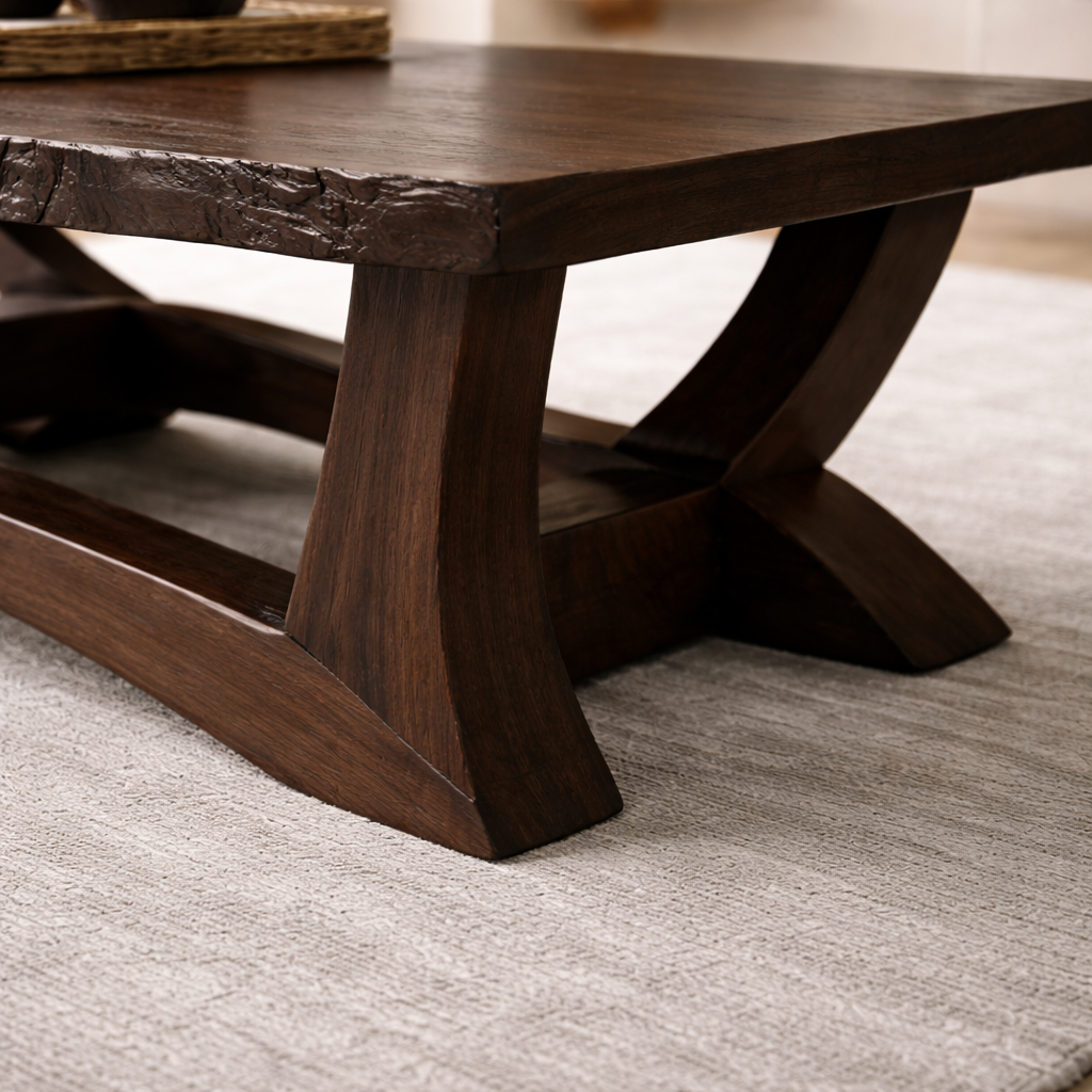 Rustic Solid Wood Coffee Table with Live Edge Design – Natural Charm for Living Rooms