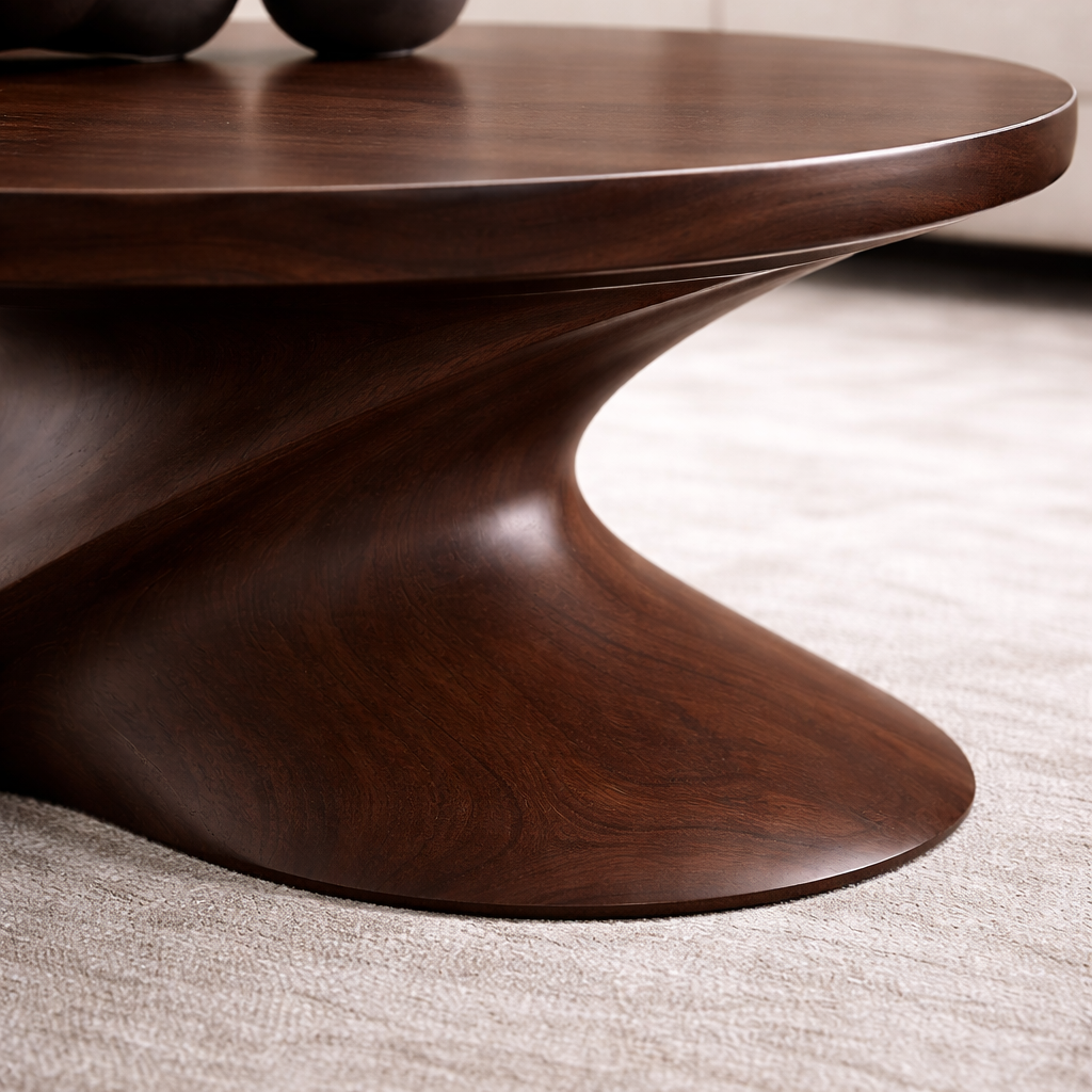 Modern Solid Wood Coffee Table with Sculptural Base – Contemporary Round Coffee Table