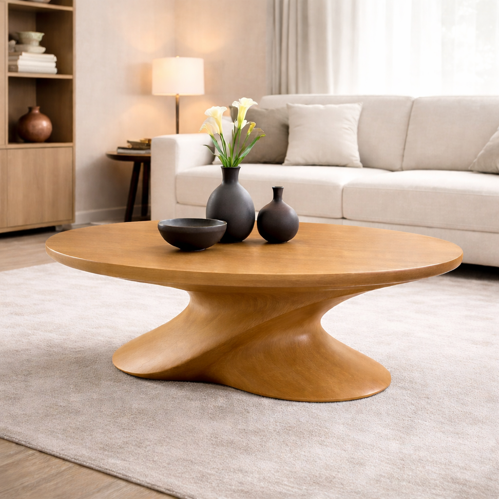 Modern Solid Wood Coffee Table with Sculptural Base – Contemporary Round Coffee Table