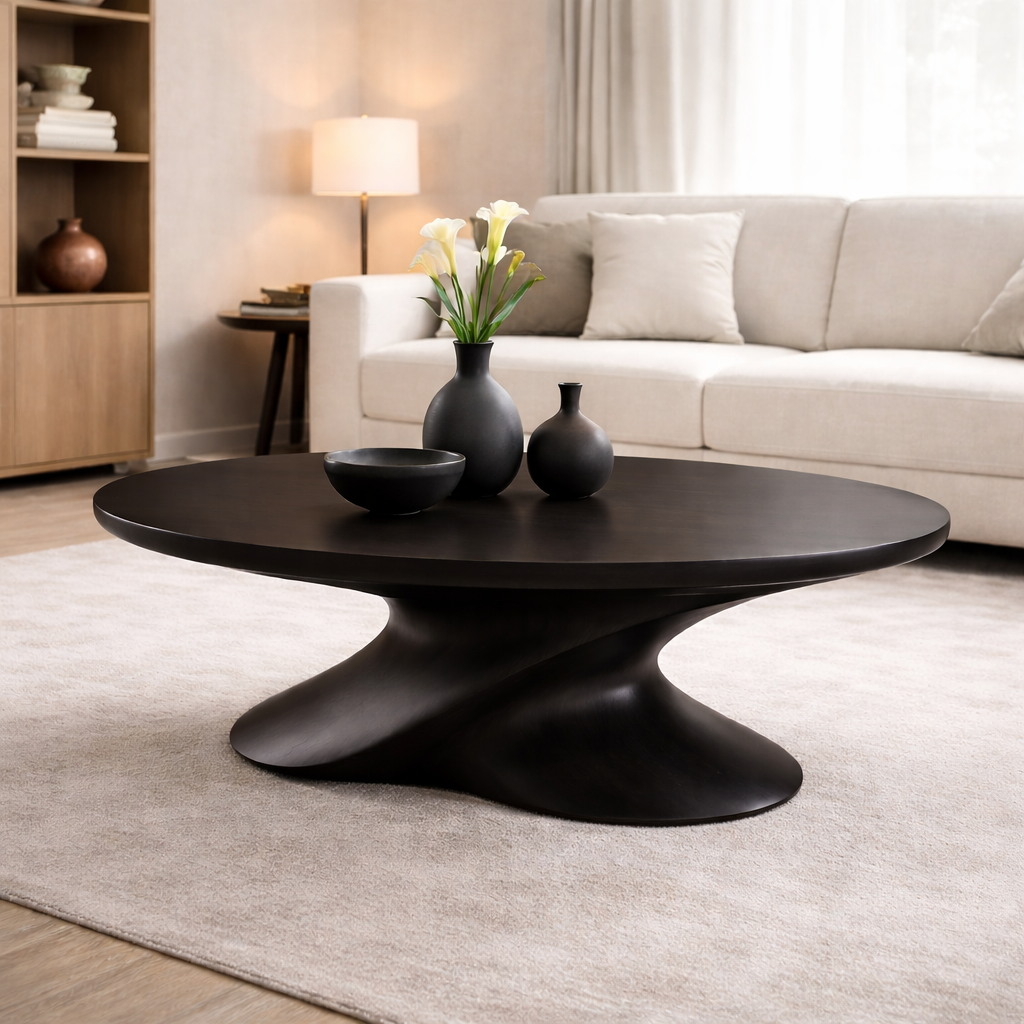 Modern Solid Wood Coffee Table with Sculptural Base – Contemporary Round Coffee Table