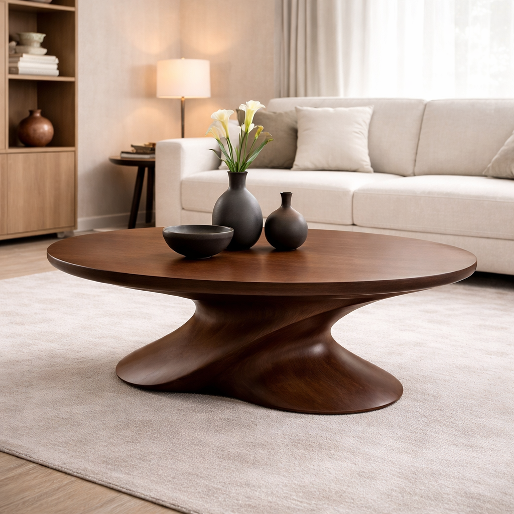 Modern Solid Wood Coffee Table with Sculptural Base – Contemporary Round Coffee Table