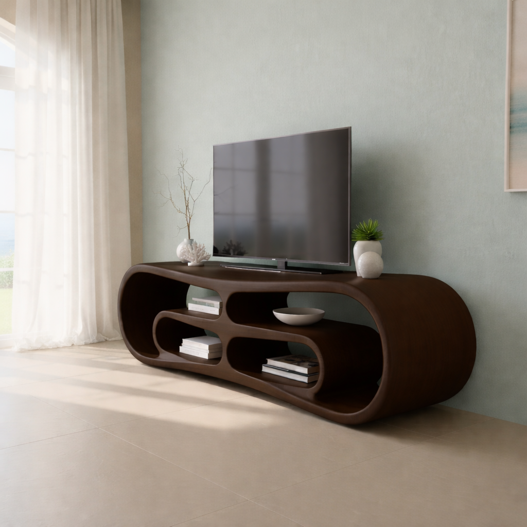 Modern Solid Wood TV Stand with Curved Design & Open Shelving - Stylish Living Room Storage