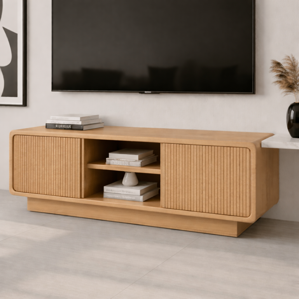 Solid Wood TV Stand with Rattan Detailing – Stylish Storage for Living Room